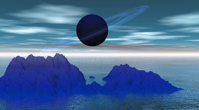 The planet saturne blue with a mountain in the water
