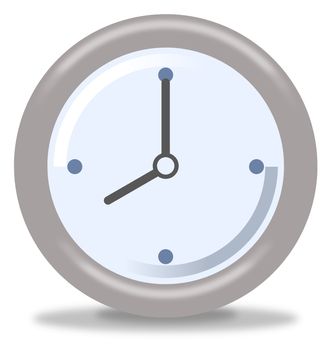 Silver and blue clock on white background showing eight