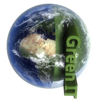 A 3d earth with cut of peace of grass and the text "green IT"