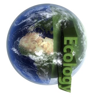 A 3d earth with cut of peace of grass and the text "ecology"