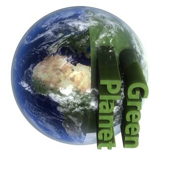 A 3d earth with cut of peace of grass and the text "green planet"
