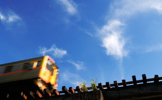 It is a motion blur train in the blue sky.
