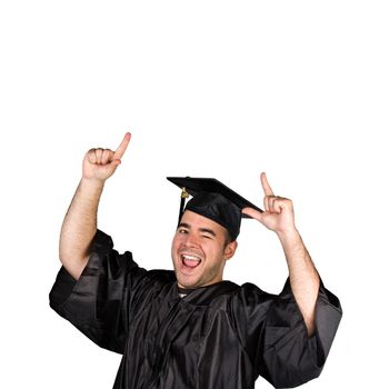A recent graduate posing in his cap and gown isolated over a white background.
