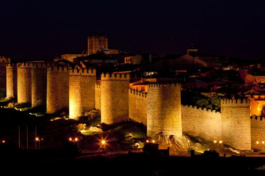 Avila at night, Castile and Leon, Spain