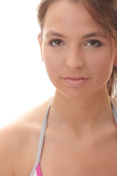 Portrait of a happy young healthy woman standing over white background