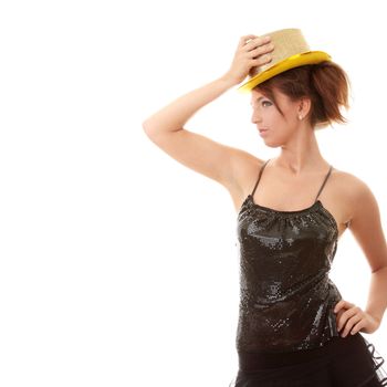 Beautiful young disco woman with shiny gold hat