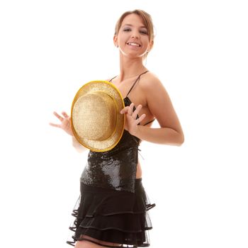 Beautiful young disco woman with shiny gold hat