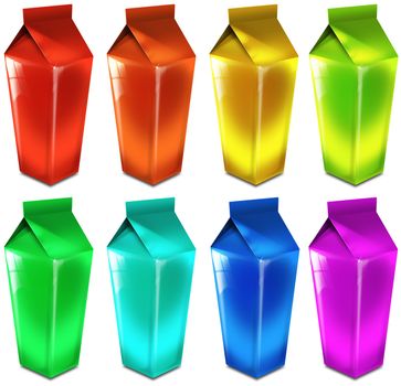 Isolated colored small packaging milk, wine, fruit juices