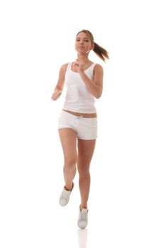 Full isolated picture of a slim and beauty caucasian running woman