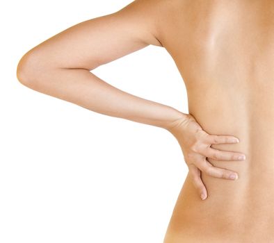 Woman with backache from behind, naked body.