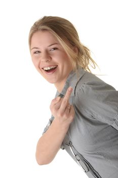 Closeup portrait of a happy young woman with middle finger up isolated on white background