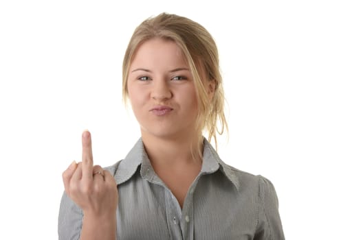 Portrait of young woman (student or businesswoman) middle finger up isolated on white background