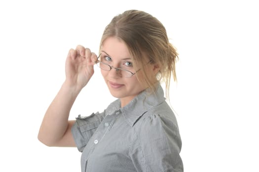 Portrait of young woman with glasses (student or businesswoman) isolated on white background