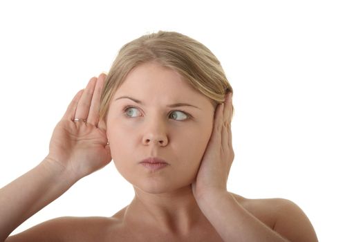 young blond woman listening gossip close up