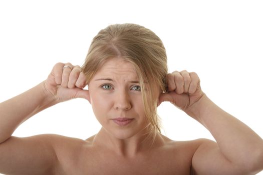 Hear no evil (deaf) girl isolated on white background