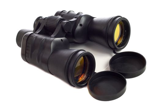 A set of binoculars with coated lens, shot on a white background