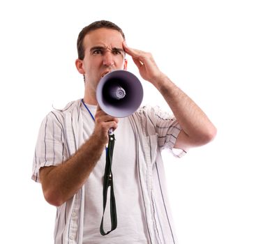 A young coach is feeling frustrated an getting a headache because of his team, isolated against a white background