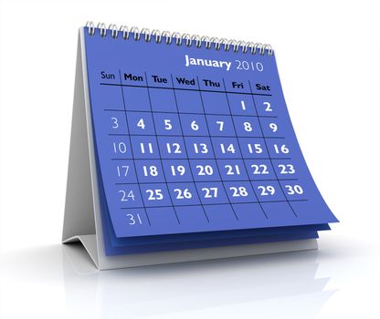 3D desktop calendar January 2010 in white background