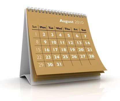 3D desktop calendar August 2010 in white background