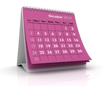 3D desktop calendar October 2010 in white background