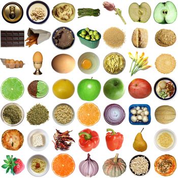 Collage of food isolated over white background