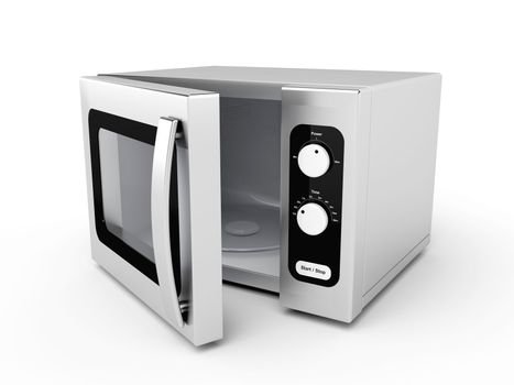 Silver microwave oven with open door on white background