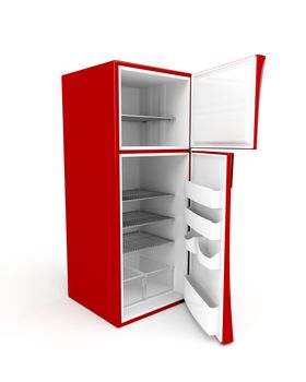 3d image of empty fridge with opened doors