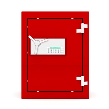 Front view of red safe box with digital lock. 3d Image.