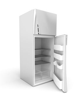 Silver modern fridge with opened door. 3d image.