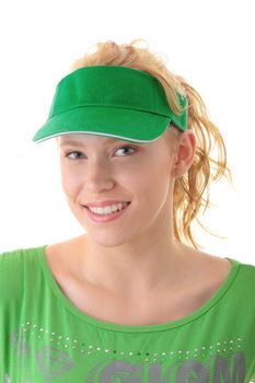 Young beautiful blond woman with green cap isolated on white background
