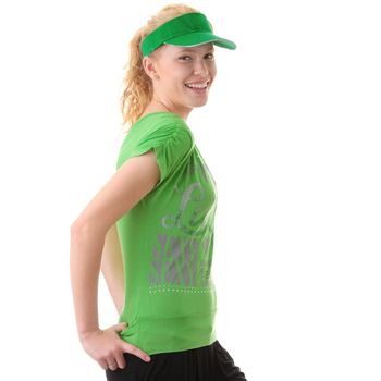 Young beautiful blond woman with green cap isolated on white background