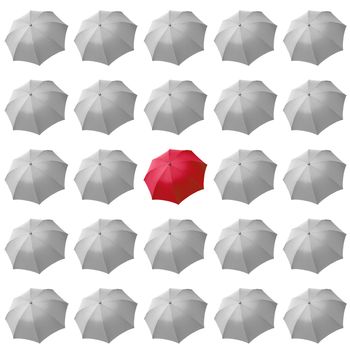 Single red umbrella among many white umbrellas