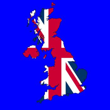 Union Jack Flag of the UK in country map over blue sea background