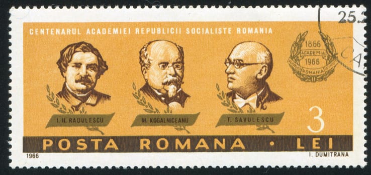 ROMANIA - CIRCA 1966: stamp printed by Romania, shows I. H. Radulescu, M. Kogalniceanu and T. Savulescu, circa 1966