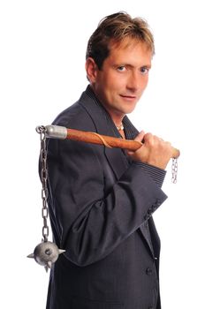 empowered executive with a ball and chain on a white background