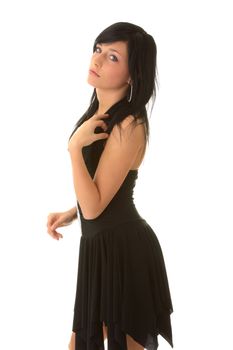 Beautiful teenager young girl in black elegant dress isolated on white background
