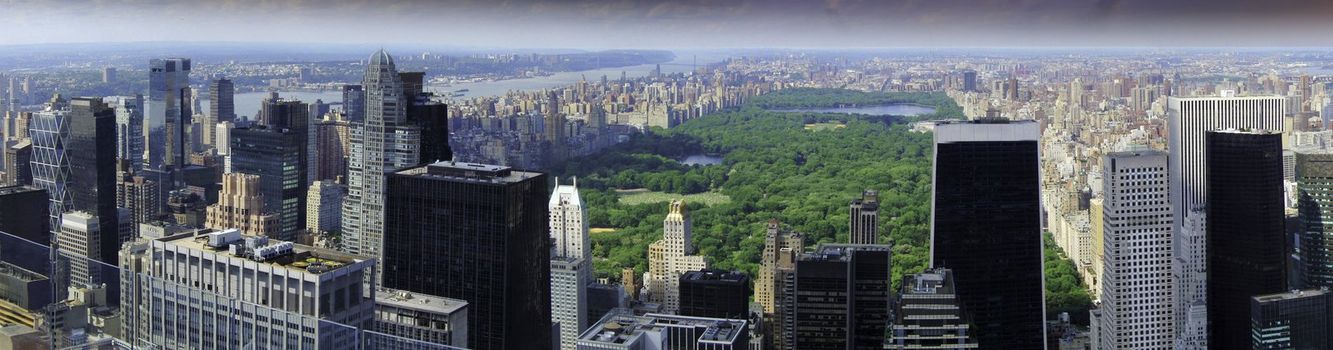 Aerial view of Central Park and New York City Buildings