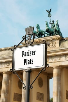 Street sign of Pariser Platz in front of Brandenburger Tor in Berlin