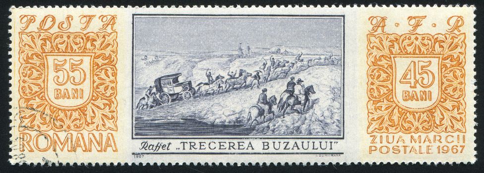 ROMANIA - CIRCA 1967: stamp printed by Romania, shows Crossing the Buzau, by Denis Auguste Marie Raffet, circa 1967