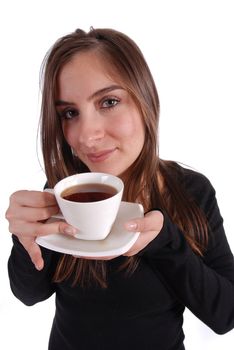 Woman drinking tea on white