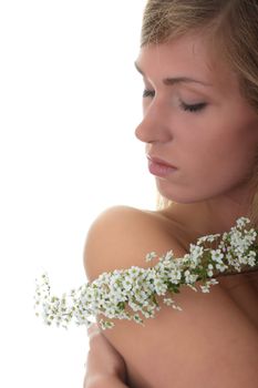Beautiful blond woman with small white flowers isolated on white background