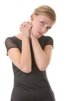 Pretty woman with slim waist pose on white background dressed in style black dress