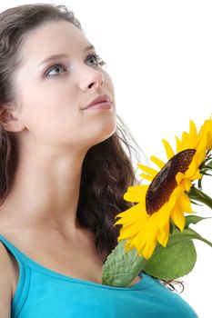 Portrait of a Beautiful girl with sunflower, studio shot over white