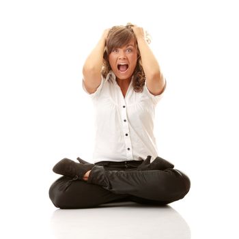 Frustrated Business woman trying to maditate - anger and stress cncept