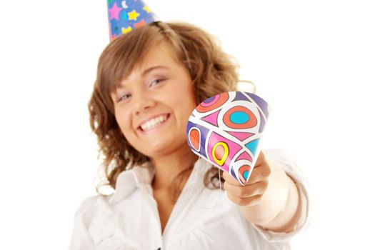 Young woman in business siut wearing party favors