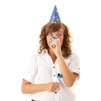 Young woman in business siut wearing party favors