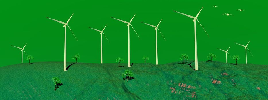 Birds flying upon wind turbines on a green hill with trees and green sky