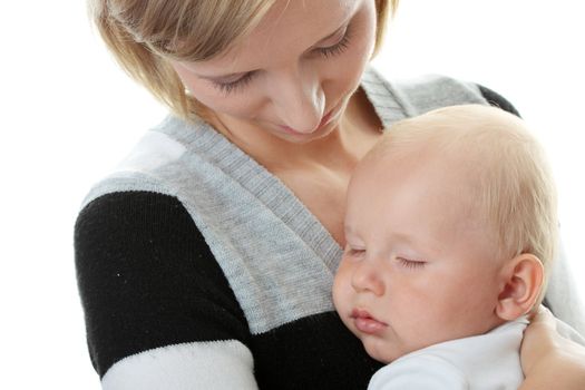 A mother and her tired cute baby boy isolated on white background