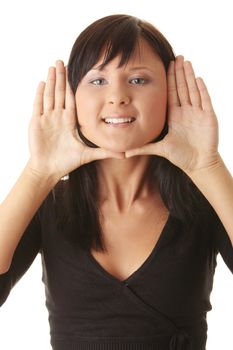 Young woman, framing her face with her hands