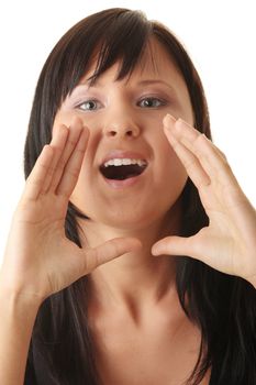 Portrait of a beautiful young shouting woman against white background